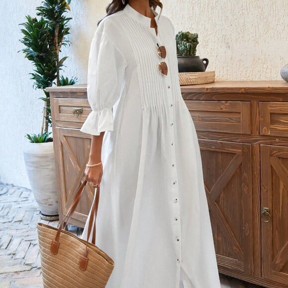 Dresses & Skirts - White Casual Women's Loose Fit Dress With Pleated Collar And Flared Sleeves